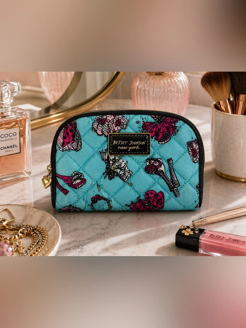 Betsey Johnson Teal Quilted Cosmetic Bag Y2K Girly Heart Zipper Makeup Pouch
